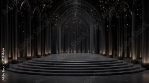Dark Gothic Architecture  Elegant Marble Stage  Cinematic Lighting  3D Render