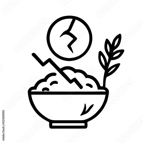 Minimal line art icon of food crisis with bowl, falling graph, and cracked coin symbol representing hunger, inflation, and global food insecurity