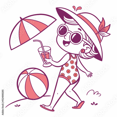 Young girl enjoying summer day with drink under beach umbrella  