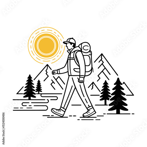 Hiking Man Walking in Mountain Landscape Line Art Illustration