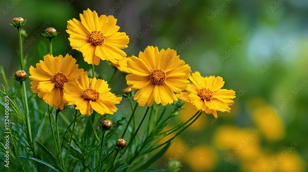 Fototapeta premium Bright yellow Coreopsis flowers sway gently in the summer sun, lighting up the garden with cheerful blooms. 