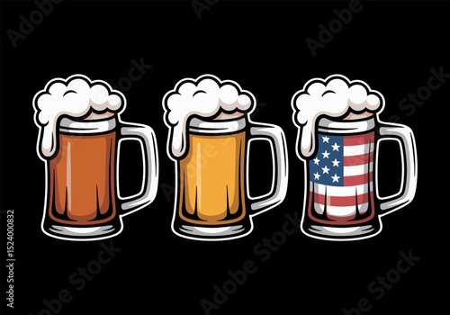 Three Beer Glasses Illustration, Patriotic and Traditional Design Concept.