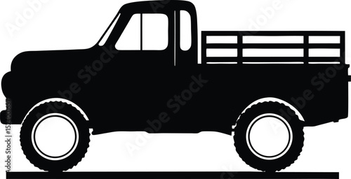 This silhouette features a pickup truck silhouette rendered in solid black and centered on a pure white background offering a clean isolated and highly versatile subject ideal for stock illustration