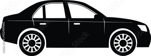 This silhouette features a sedan car profile rendered in solid black and centered on a pure white background offering a clean isolated and highly versatile subject ideal for stock illustration