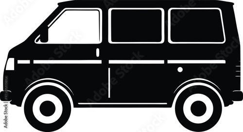 This silhouette features a van silhouette rendered in solid black and centered on a pure white background offering a clean isolated and highly versatile subject ideal for stock illustration