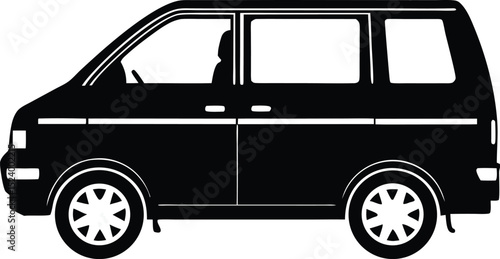 This silhouette features a minivan silhouette rendered in solid black and centered on a pure white background offering a clean isolated and highly versatile subject ideal for stock illustration 