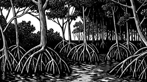 Black and white sketch vector of a dense mangrove forest with tangled roots and shallow waters