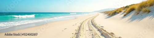Tire tracks leading to a pristine beach, undisturbed sand, ocean waves, tranquil scene, summer vacation, coastal escape , beach, footprints