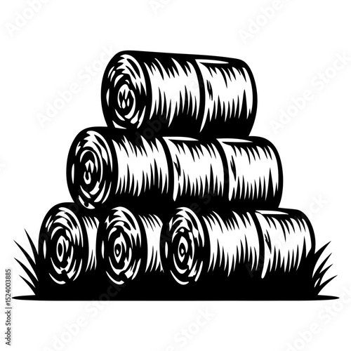 Stack of hay bales woodcut illustration
