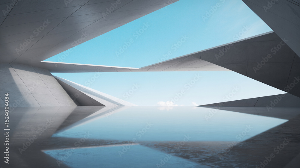 Obraz premium Minimalist architectural interior with angular archway, polished concrete floor, and natural light reflecting through geometric space
