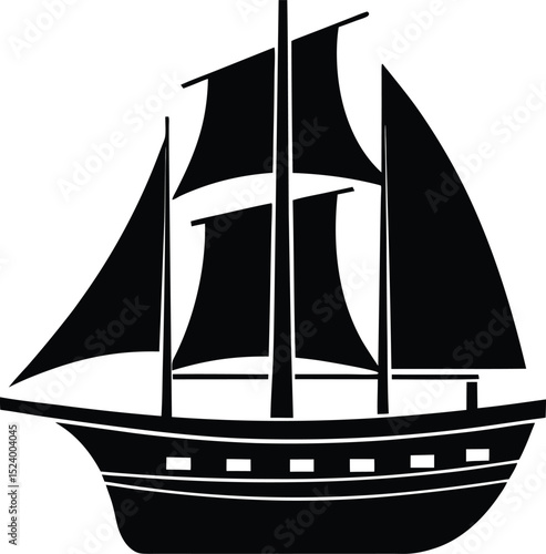 This silhouette features a sailboat side view rendered in solid black and centered on a pure white background offering a clean isolated and highly versatile subject ideal for stock illustration 