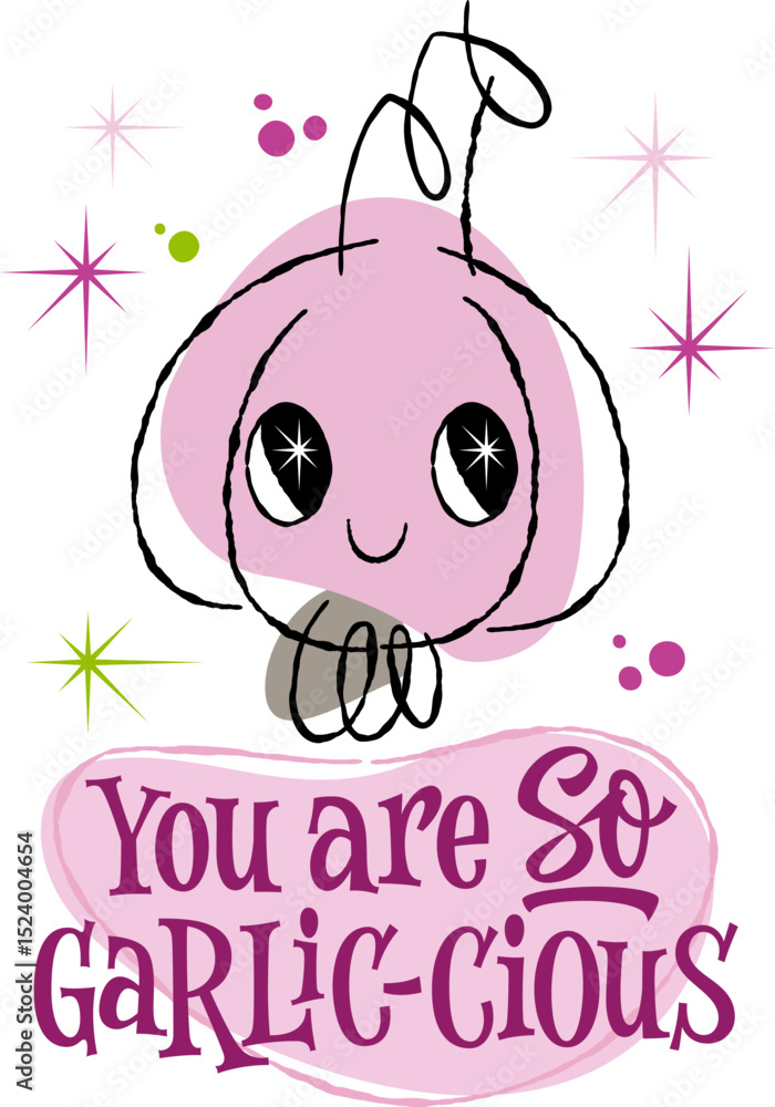 Obraz premium Cute cartoon garlic with happy face and pun lettering 