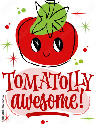 Cute cartoon tomato with the pun "TOMATOLLY awesome!" on transparent background. Playful vegetable lettering design for summer and food concept.
