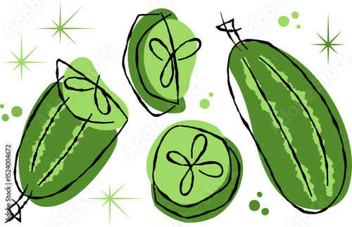 Stylized green cucumber and slices with abstract shapes on transparent background for food and healthy eating concept. Retro style typography and character design.
