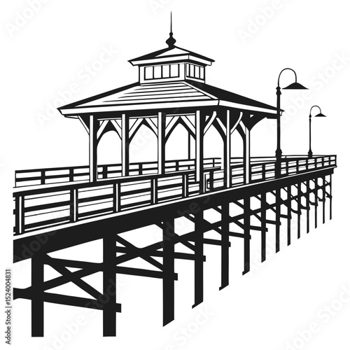 Black and white illustration of a wooden pier pavilion