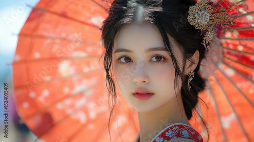 Close-up of a young woman with traditional Asian-inspired attire and accessories