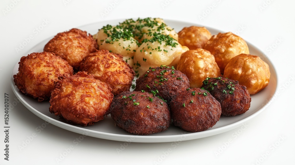 Plate of fried potato balls and meatballs Plate of fried potato balls and meatballs
