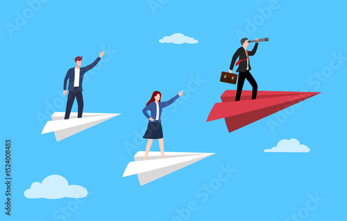 businessman flying on a paper airplane and looking through a telescope, business people flying on paper planes