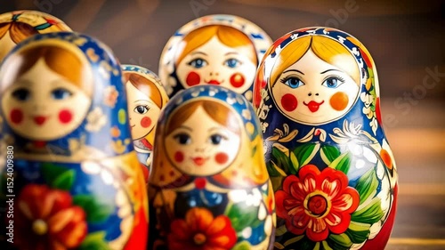 Colorful nesting dolls stand in a group, each with floral patterns and smiling faces, showcasing traditional folk art and craftsmanship on a wood background.
