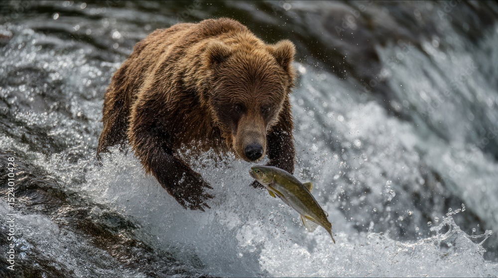 Obraz premium Bear catching salmon in river