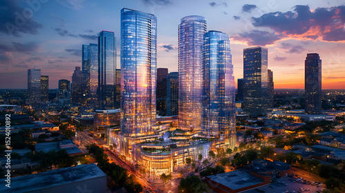 Aerial View Of Modern City Skyline At Sunset