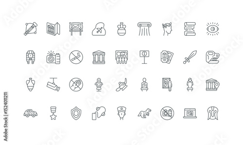 Sculptures of Greece and Rome, ancient helmet and vase, dinosaur skull thin black symbols vector illustration. Museum, art gallery and history heritage, culture exhibition line icon set.