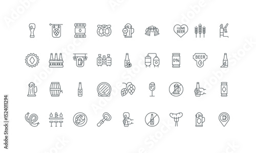Alcohol beverage with foam in glass mug and bottle, beer pint and barrel thin black symbols vector illustration. Beer and brewery, bar and pub menu of drunk party, drink and hop line icon set.