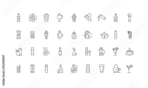 Hot coffee and chocolate, wine and whiskey bottle, milk package thin black symbols vector illustration. Drink menu, alcohol cocktail, glass of fresh juice, soda water, milkshake line icon set.