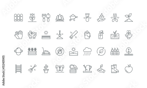 Pesticide spray and organic seedling, shovel and hose, pot thin black outline symbols vector illustration. Gardening, agriculture plant growth and garden care, farmers tools line icon set.