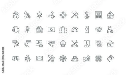 Engineering, fast installation and fix error, recovery thin black symbols vector illustration. Repair and maintenance service, effective customer service and truck, guide line icon set.