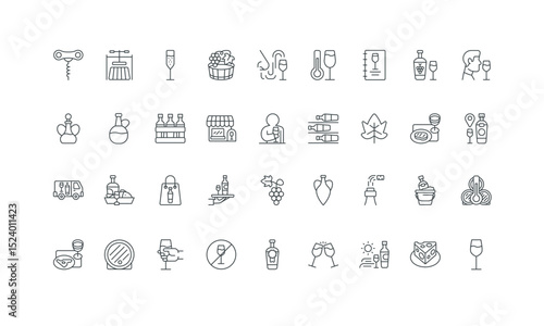 Cellar temperature, fermentation and press, grape wine making thin black symbols vector illustration. Wine, winery, menu list with glass and bottle of alcohol to taste, barrel line icon set.
