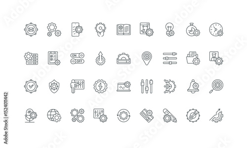 Digital product tech maintenance and repair, gears thin black symbols vector illustration. Settings to install, update and upgrade system status, app or software, hardware line icon set.