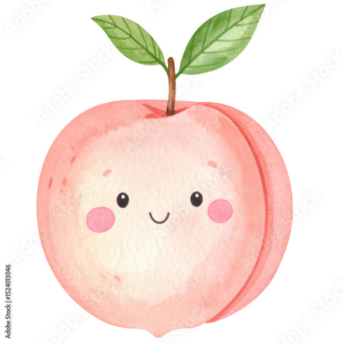 Cute watercolor illustration of smiling peach with leaves, featuring playful expression