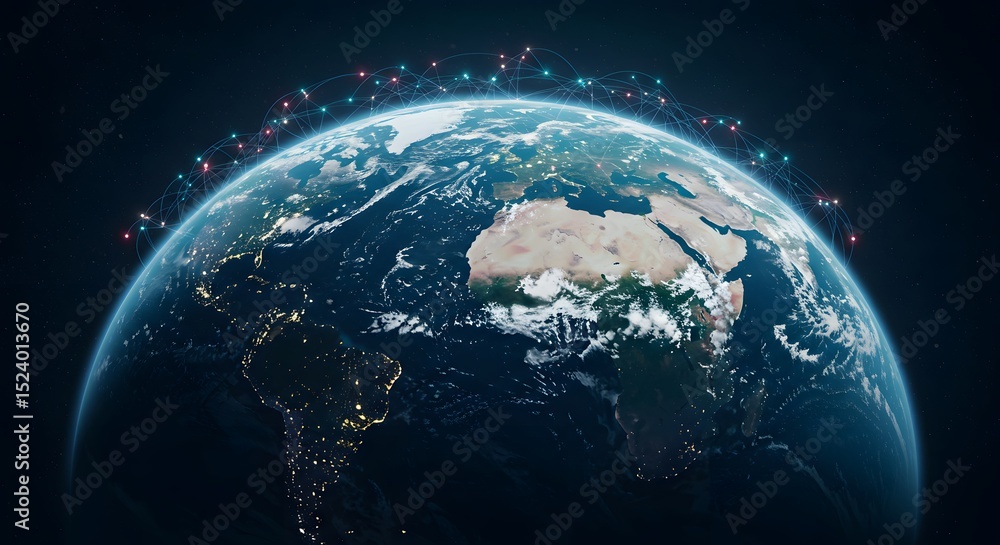 Obraz premium Global Network Connection Earth at Night