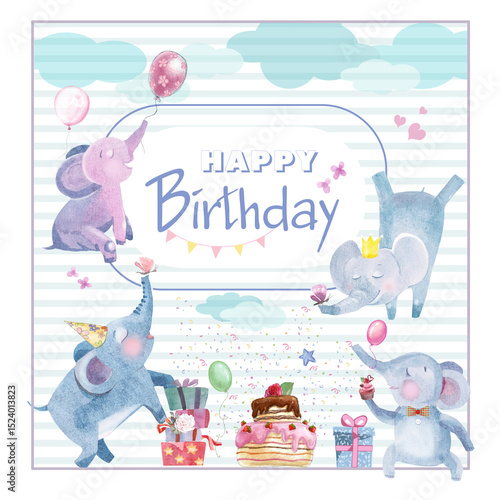 happy birthday card with adorable elephants, cakes, balloons