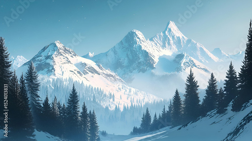 Wallpaper Mural Snowy Mountain Landscape With Pine Forest Torontodigital.ca