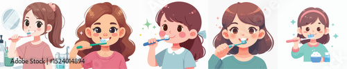 Vector of a girl brushing his teeth.