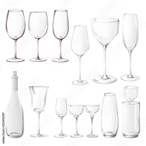 Various Types of Empty Wine, Champagne, and Cocktail Glasses Displayed on White Background for Culinary and Beverage Presentations and Designs