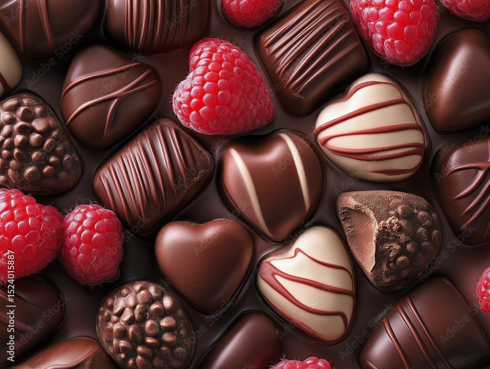 Fototapeta premium chocolates, including heart-shaped varieties and fresh raspberries, creates a delightful and romantic display