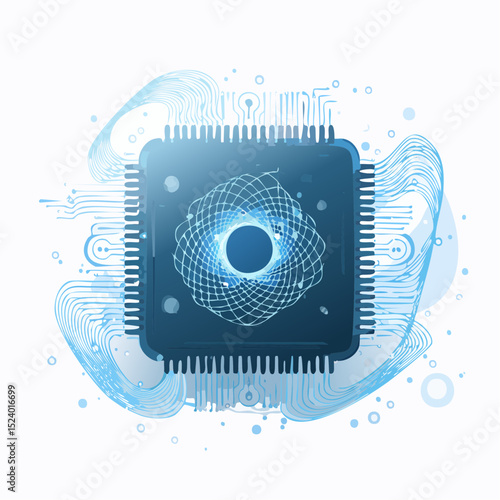 Vector illustration of a quantum computer chip with entangled particles and digital waves, futuristic technology design, glowing lines, cool blue and black tones, flat modern style-generative AI