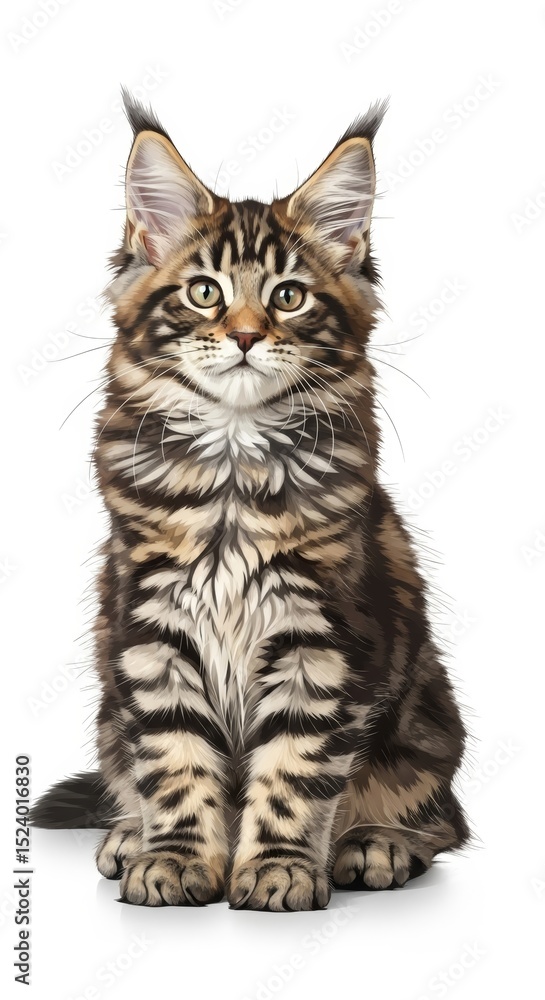 Obraz premium A fluffy brown tabby maine coon kitten sitting upright looking directly at the viewer on white background