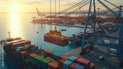 Cargo ship and containers at a port during sunset