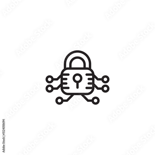 A minimalist line art icon depicts a padlock with a keyhole at its center, connected by lines to six circular nodes, symbolizing cryptography or a secure network.