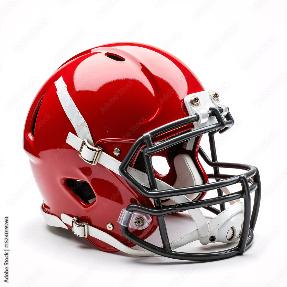 Fototapeta premium Red football helmet on white background with protective features 