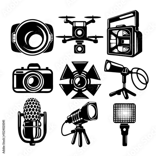 Black and white icons of filmmaking and photography equipment