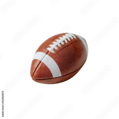 A close-up view of a classic American football, showcasing its textured surface and white laces, isolated on a white background for emphasis.