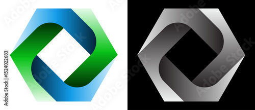 Hexagon with 4 elements green and blue colors in spiral. Eco-friendly logo concept, icon or design element. The same shape in grey colors on a black background.
