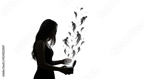 Mysterious Female Silhouette Opening a Glowing Box, Releasing Swirling Ghostly Figures in a Dramatic Black and White Composition.