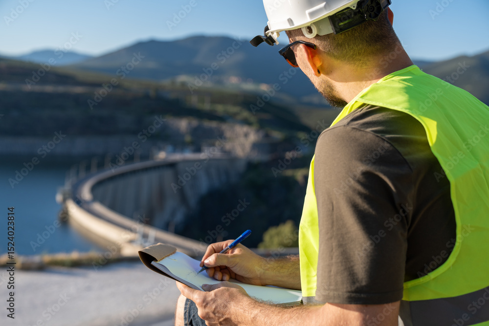 Naklejka premium Quality controller inspecting a dam and taking notes