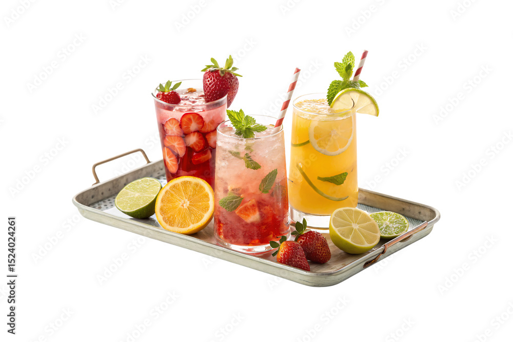 Fototapeta premium Three colorful fruit-infused sparkling beverages with fresh strawberries, citrus, and mint on silver tray, isolated on a transparent background
